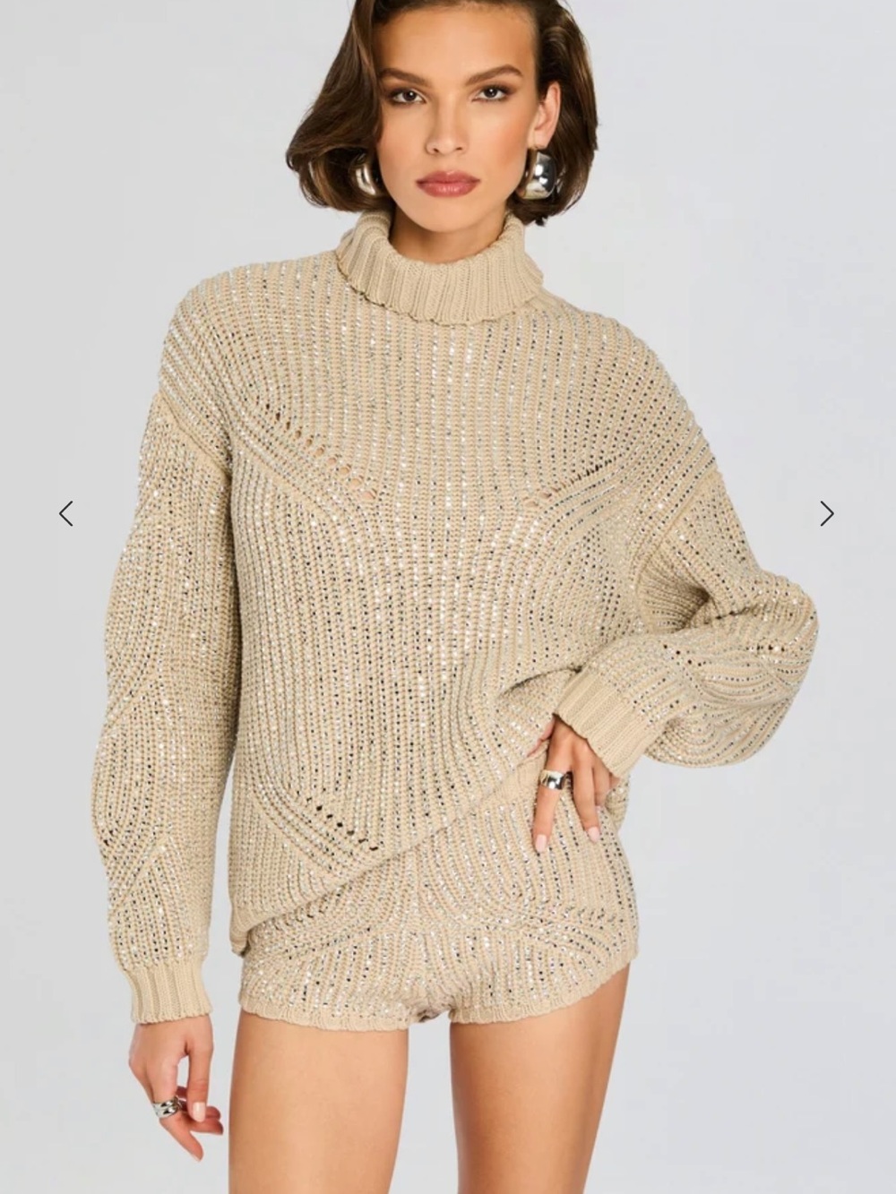 Beige Embellished Turtleneck Sweater shorts set- Women